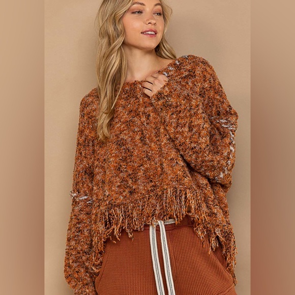 Sweaters - 215. POL Tweed orange brown Sweater Oversized Fringe Bohemian Boho soft